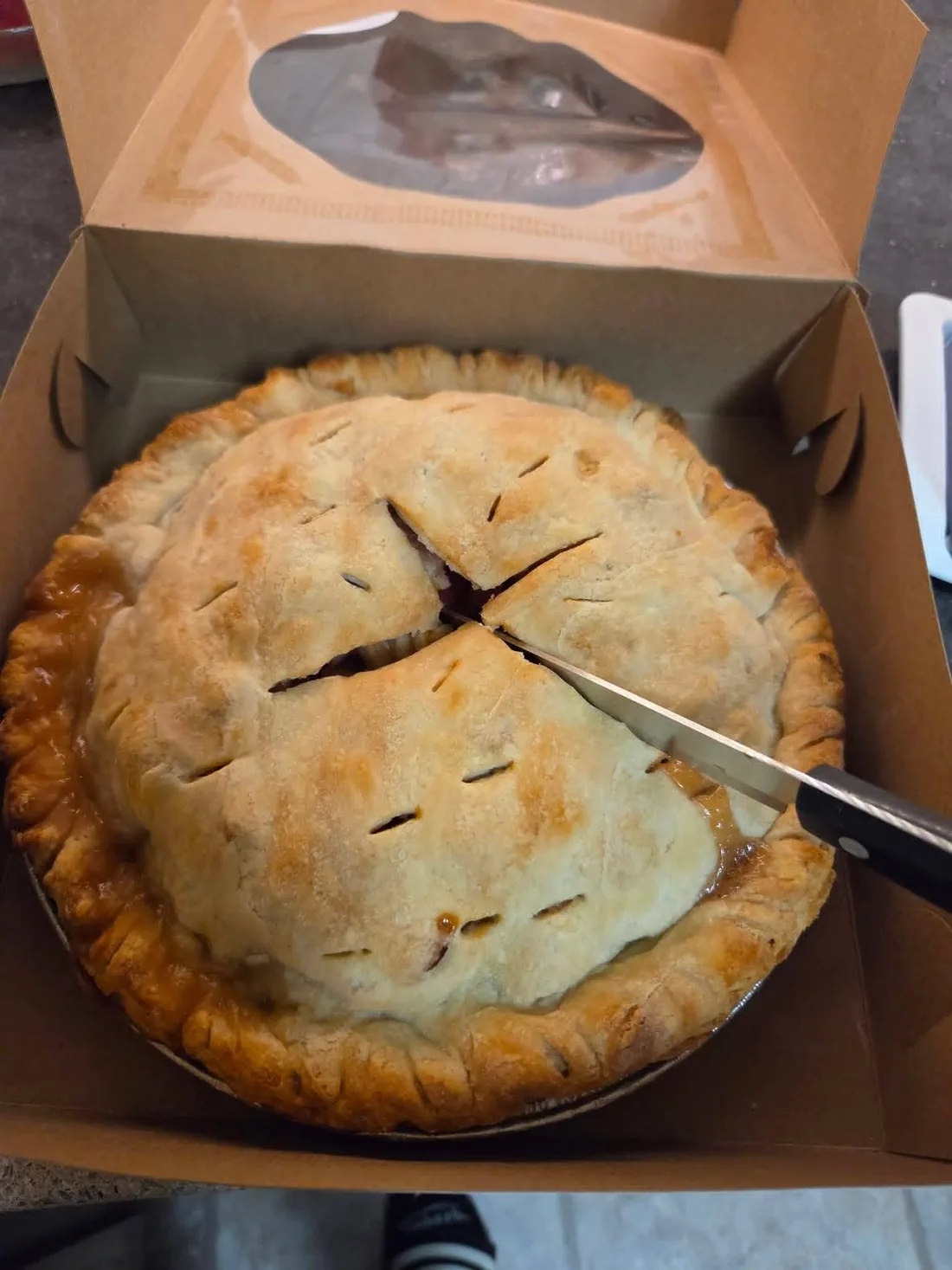 A whole apple pie with a hand-crimped edge in an open bakery box