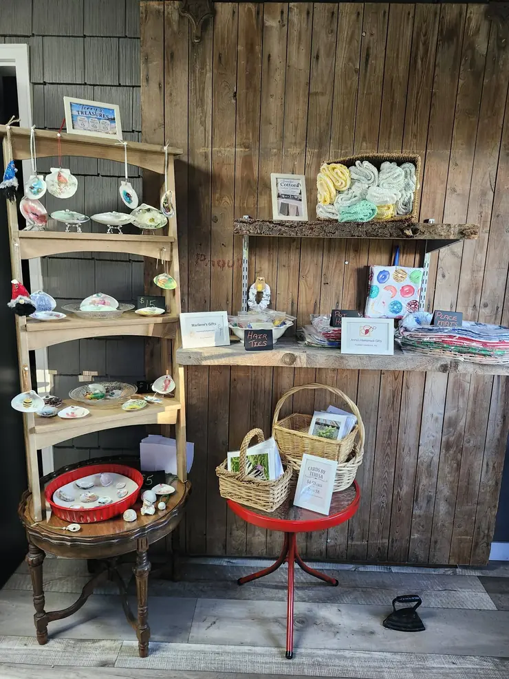 Inside the farm store: corner shelving, baskets and local makers' goods