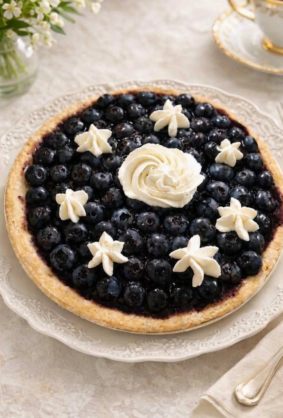 A blueberry pie topped with fresh blueberries and cream