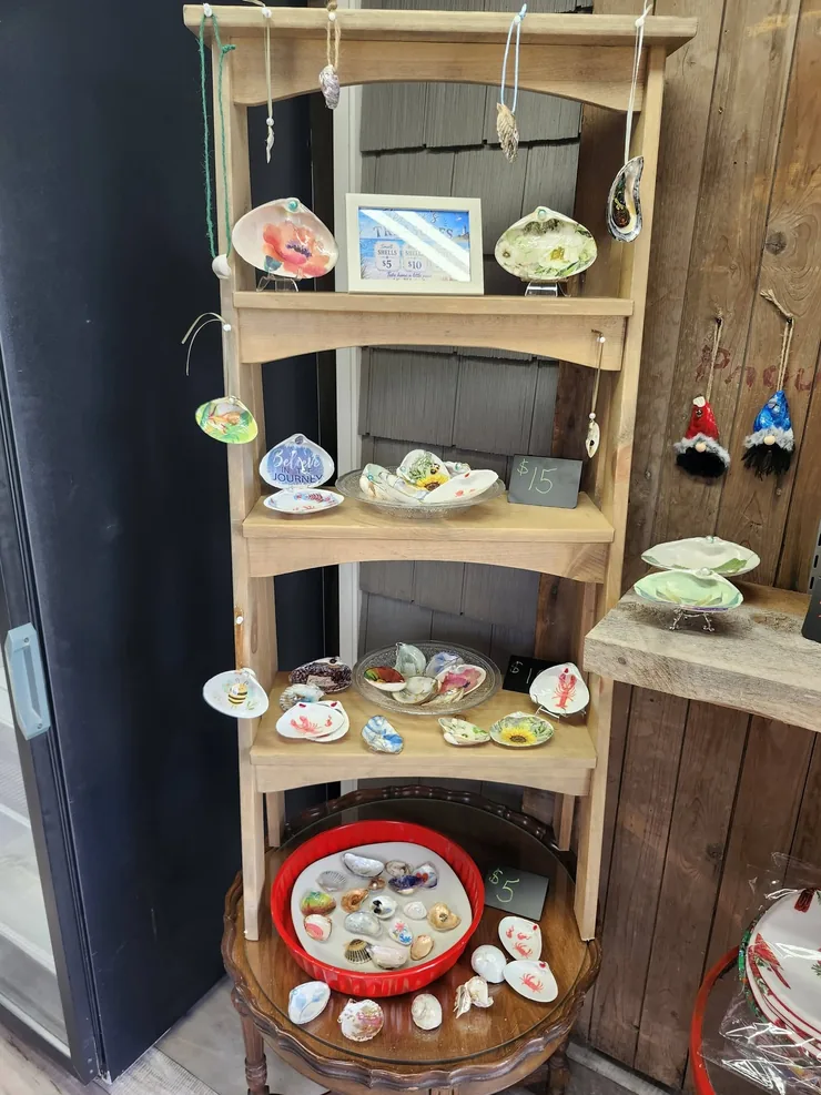 The farm store interior: corner shelving and baskets of goods